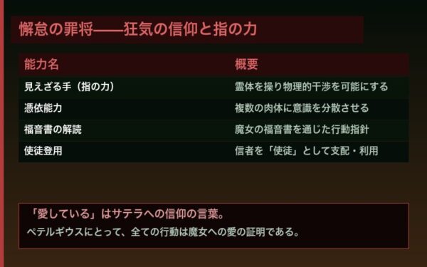 懈怠の罪将ペテルギウスの能力と信仰
