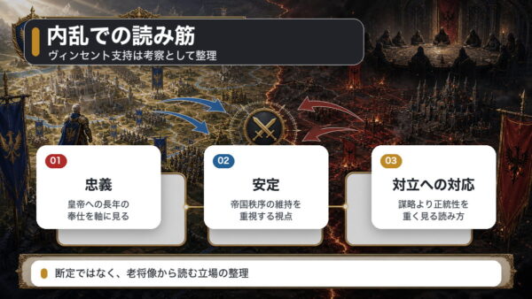 ボルドーの内乱での立場を忠義、安定、対立への対応という考察軸で整理した図解