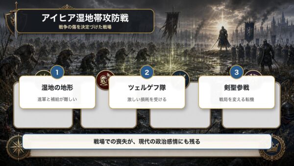 アイヒア湿地帯攻防戦を湿地の地形、ツェルゲフ隊の損耗、剣聖参戦の転機で整理した図解