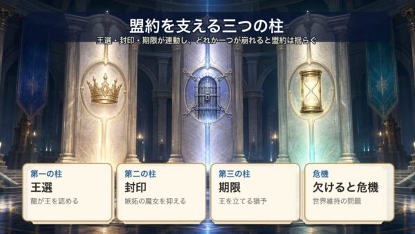 竜の盟約を王選、魔女の封印、期限の三つの柱で整理した図解