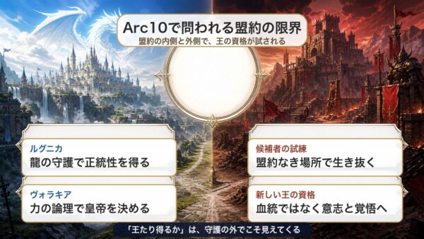 ルグニカ王国とヴォラキア帝国を比較しArc10で竜の盟約の限界が問われる構図を示した図解