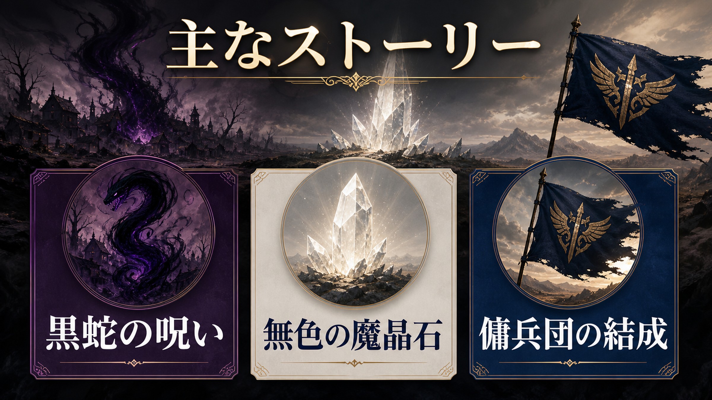ダイナスが黒蛇の呪いを受けた故郷を救うため傭兵団を結成した流れを整理した図解