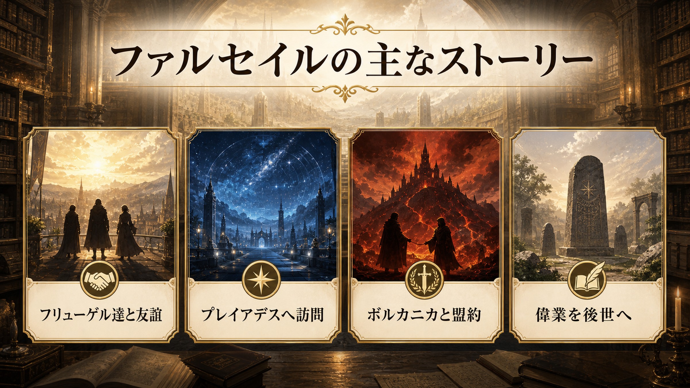 ファルセイルのフリューゲル達との友誼から神龍との盟約までをまとめた図解