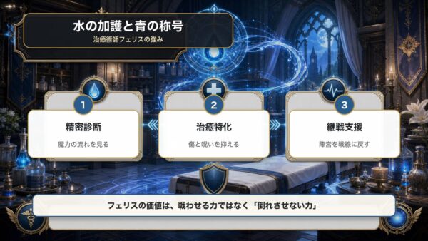 フェリスの水の加護と青の称号を精密診断、治癒特化、継戦支援で整理した図解