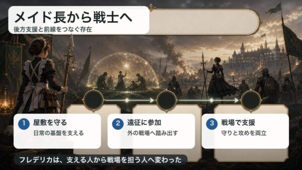 フレデリカがメイド長から戦士として成長していく流れを整理した図解