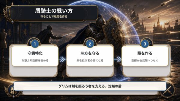 グリム・フォーゼンの盾技術を守備特化、味方を守る、隙を作るで整理した図解