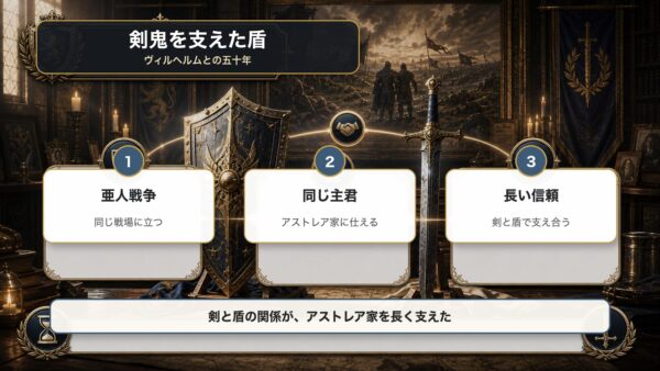 グリムとヴィルヘルムの五十年の絆を亜人戦争、同じ主君、長い信頼で整理した図解