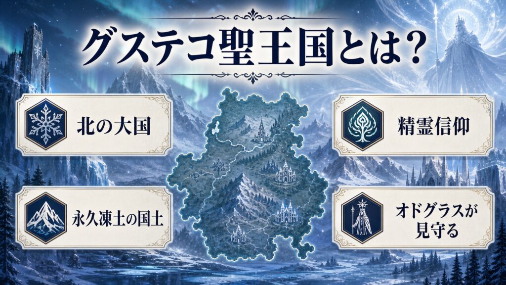 グステコ聖王国が北の大国であり永久凍土と精霊信仰の国であることを整理した図解