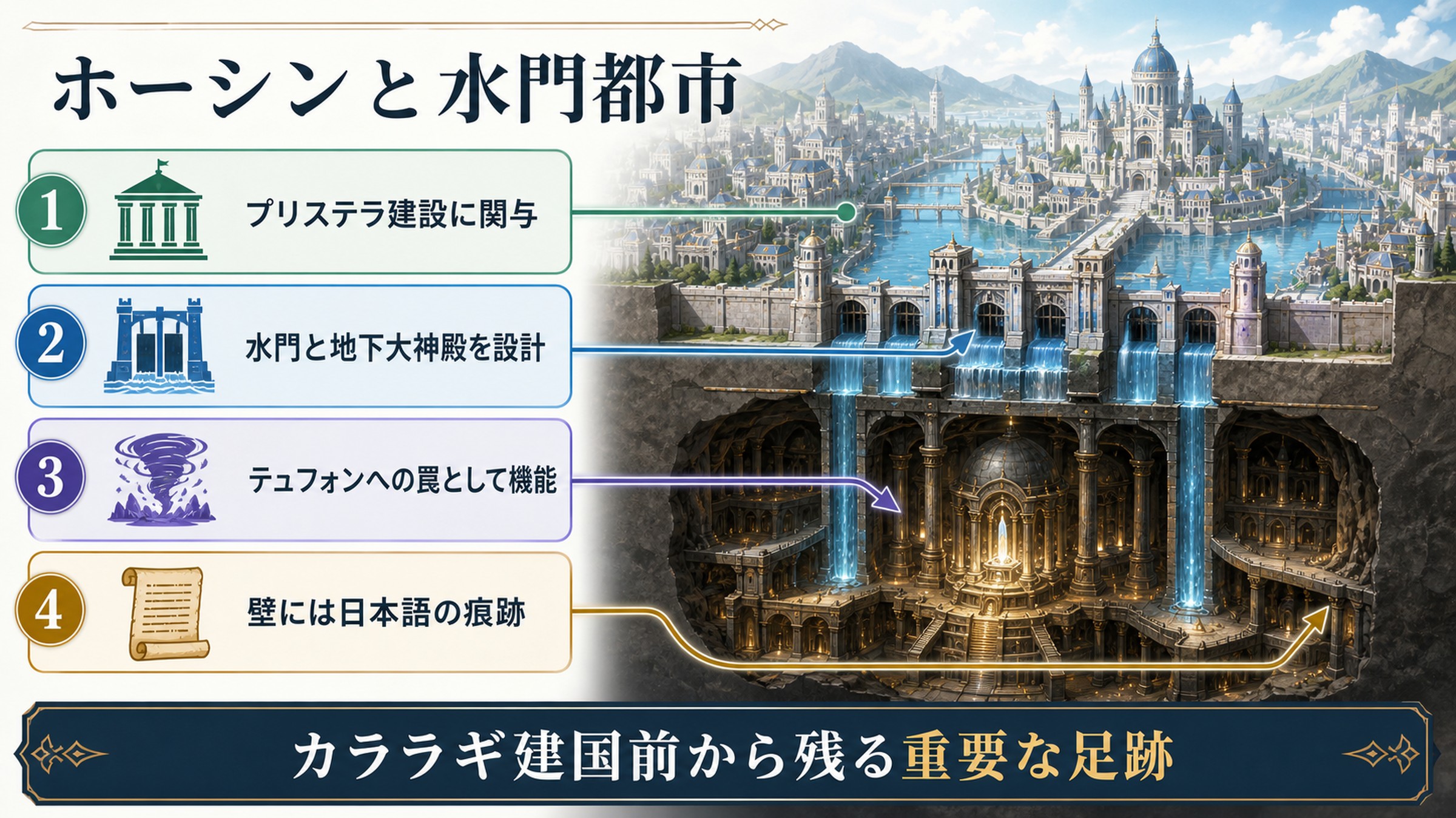 荒地のホーシンと水門都市プリステラや地下大神殿の関係を整理した図解