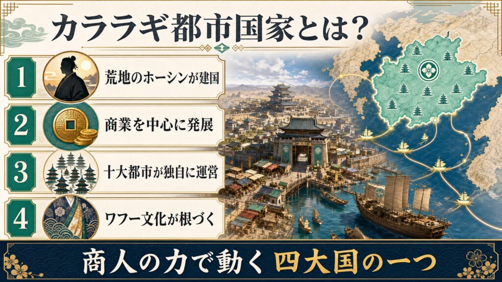 カララギ都市国家の建国者・商業・十大都市・ワフー文化を整理した図解