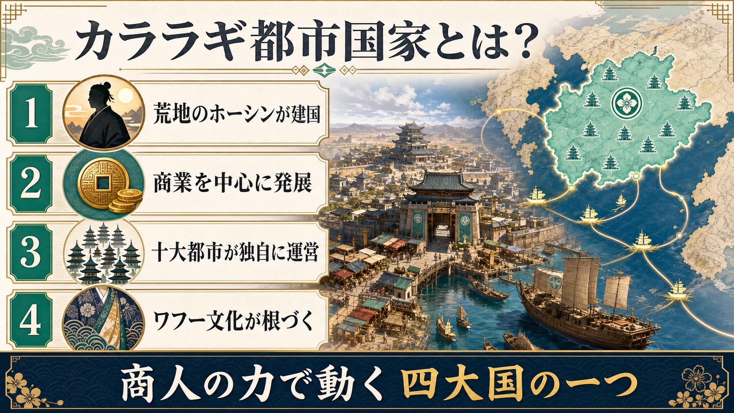 カララギ都市国家の建国者・商業・十大都市・ワフー文化を整理した図解