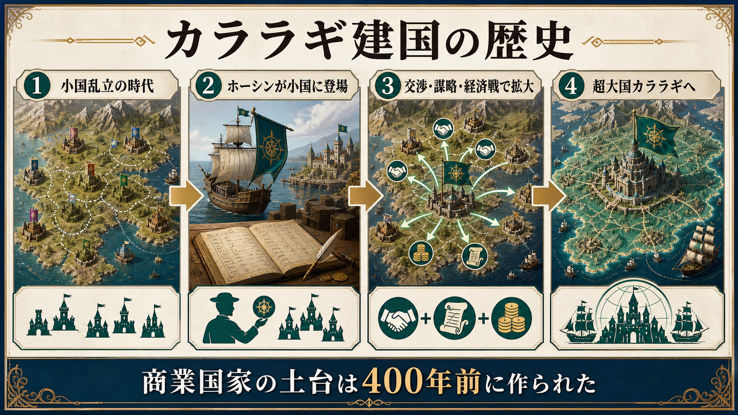 カララギ都市国家が小国乱立から商業大国へ発展した歴史を整理した図解