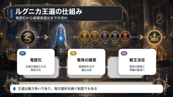 ルグニカ王選の仕組みを竜歴石、竜珠の徽章、新王決定の流れで整理した図解