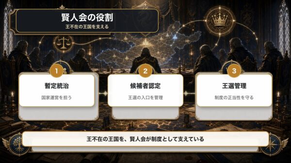 ルグニカ賢人会の役割を暫定統治、候補者認定、王選管理で整理した図解