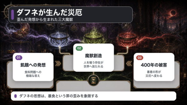 暴食の魔女ダフネの発想から三大魔獣が世界の災厄になった流れを整理した図解