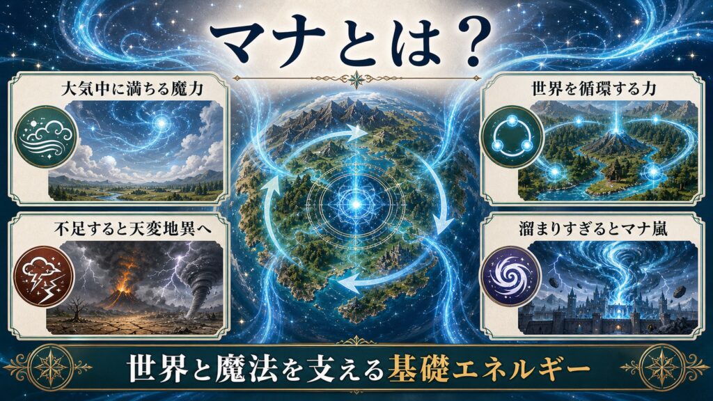 マナが世界と魔法を支える基礎エネルギーであることを整理した図解