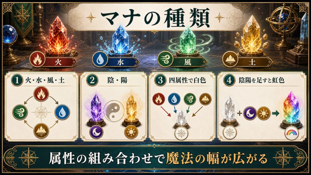 マナの六属性と白色・虹色マナの関係をまとめた図解