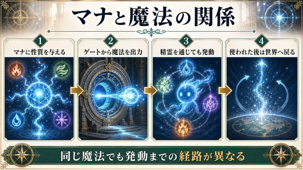 マナがゲートや精霊を通じて魔法になる流れをまとめた図解