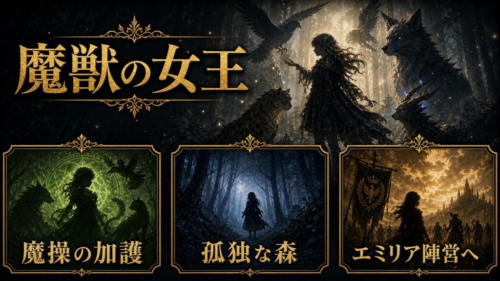メィリィを魔獣の女王・魔操の加護・孤独な森・エミリア陣営への流れで整理した図解