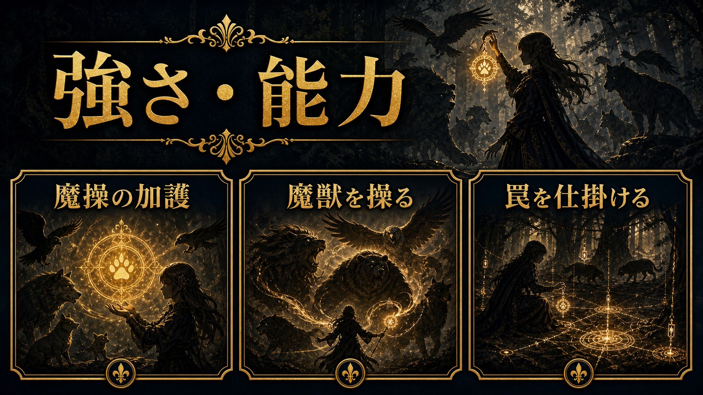 メィリィの魔操の加護・魔獣を操る力・罠を仕掛ける戦い方を整理した図解