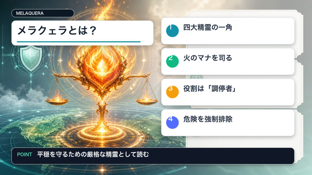 メラクェラの基本設定を四大精霊・火のマナ・調停者の役割で整理した図解