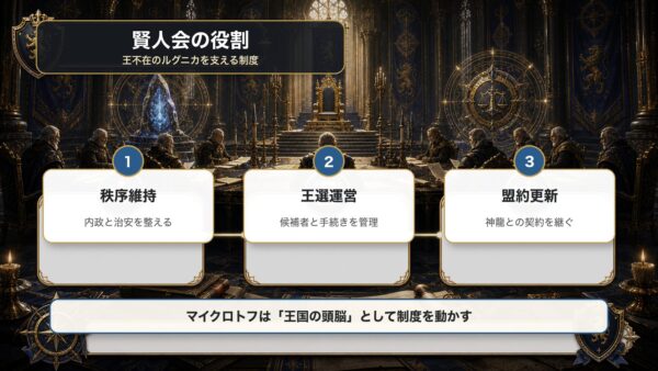 マイクロトフが率いるルグニカ賢人会の役割を秩序維持、王選運営、盟約更新で整理した図解