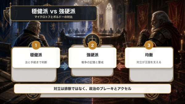 マイクロトフの穏健派とボルドーの強硬派を政治のブレーキとアクセルとして比較した図解