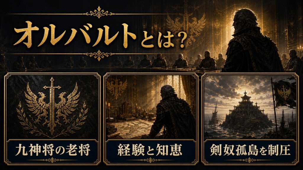 オルバルトが九神将の老将で経験と知恵を備え剣奴孤島を制圧した人物であることを整理した図解