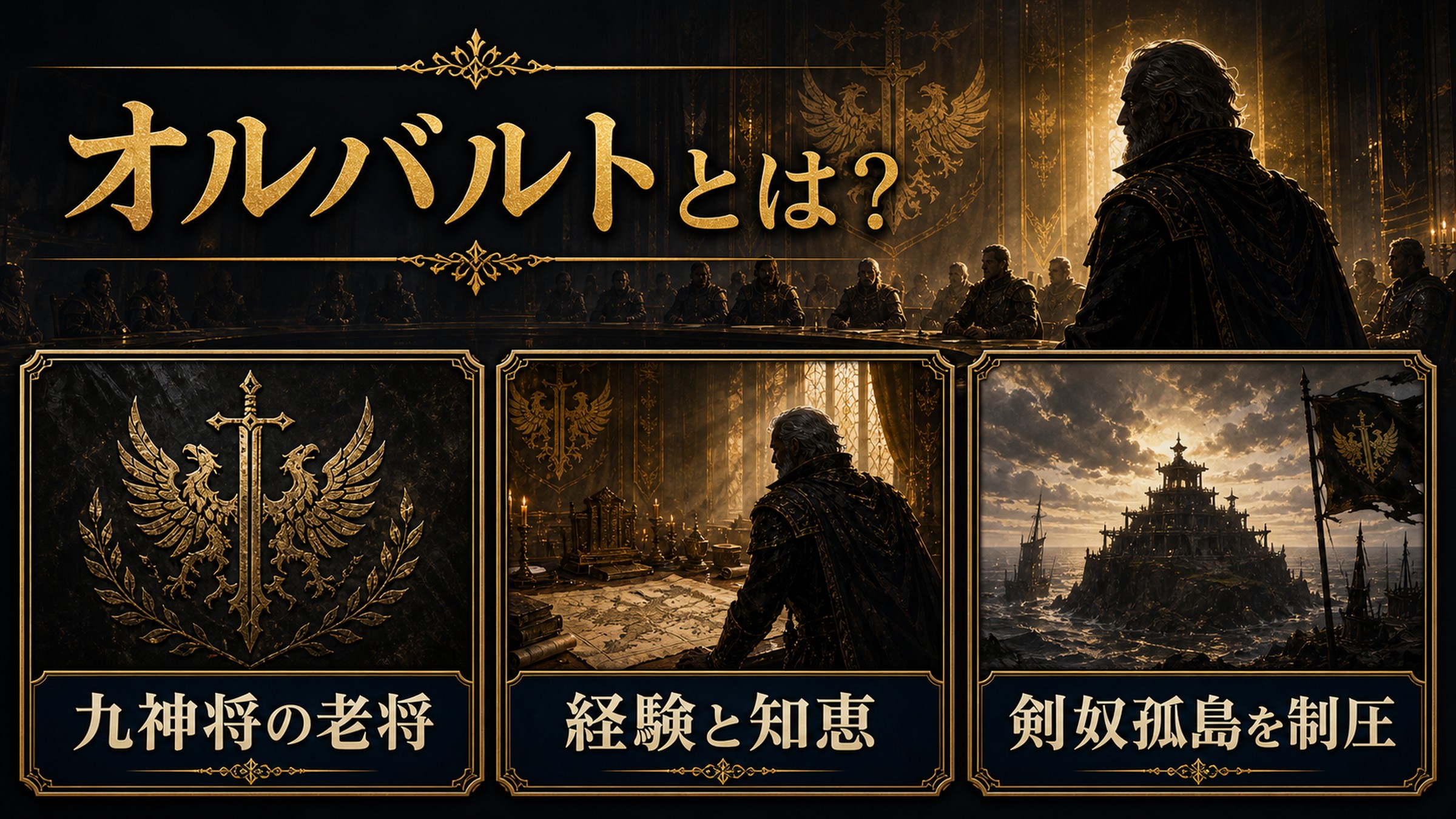 オルバルトが九神将の老将で経験と知恵を備え剣奴孤島を制圧した人物であることを整理した図解