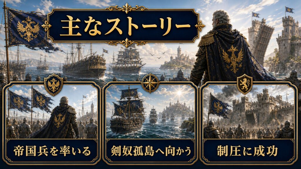 オルバルトが帝国兵を率いて剣奴孤島へ向かい制圧に成功する流れを整理した図解