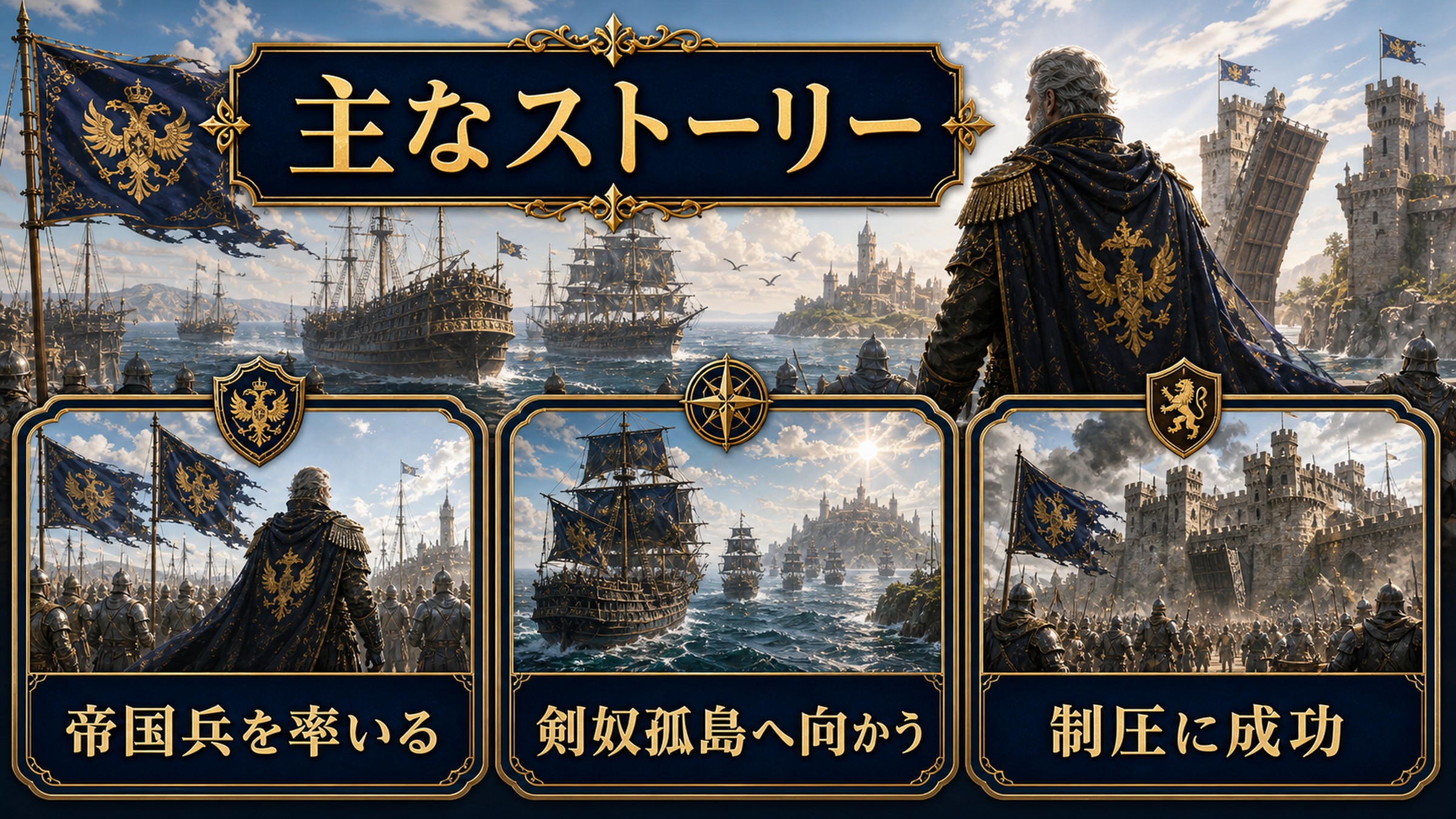 オルバルトが帝国兵を率いて剣奴孤島へ向かい制圧に成功する流れを整理した図解