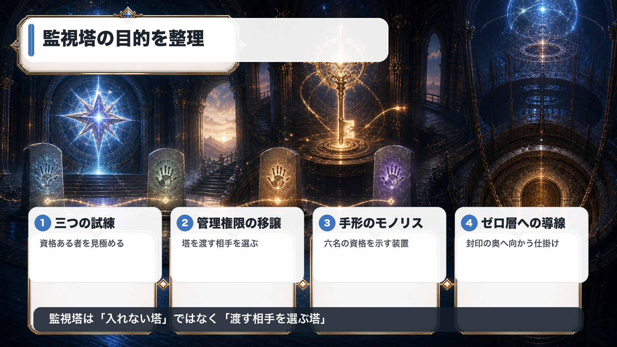 プレアデス監視塔の目的を試練・管理権限・モノリス・ゼロ層の導線で整理した図解