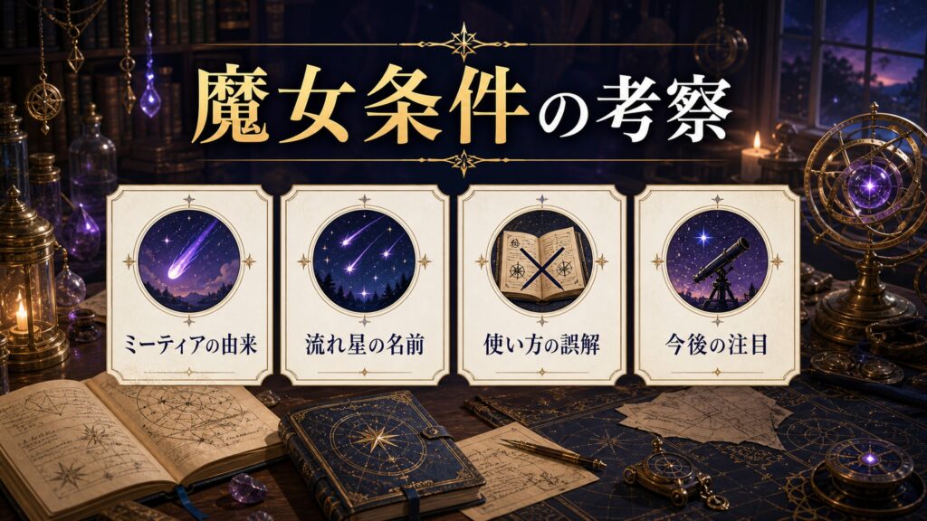 魔女の条件の考察をミーティアの由来・流れ星の名前・使い方の誤解・今後の注目として整理した図解