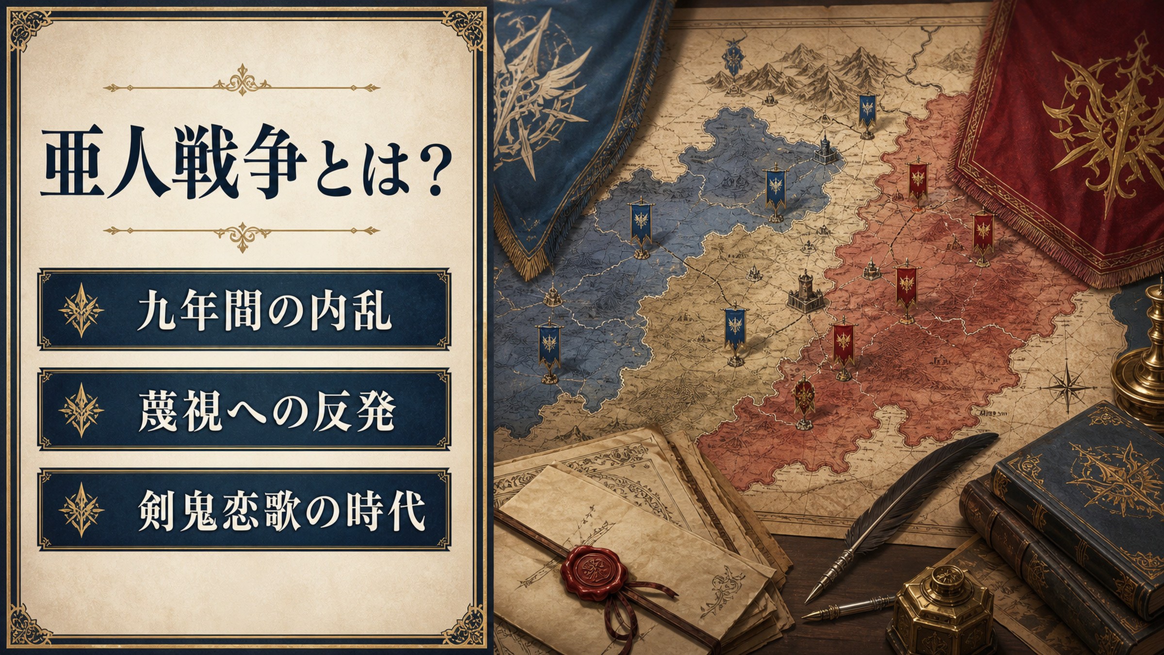 亜人戦争が九年間の内乱で蔑視への反発から起こり剣鬼恋歌の時代に関わることを整理した図解