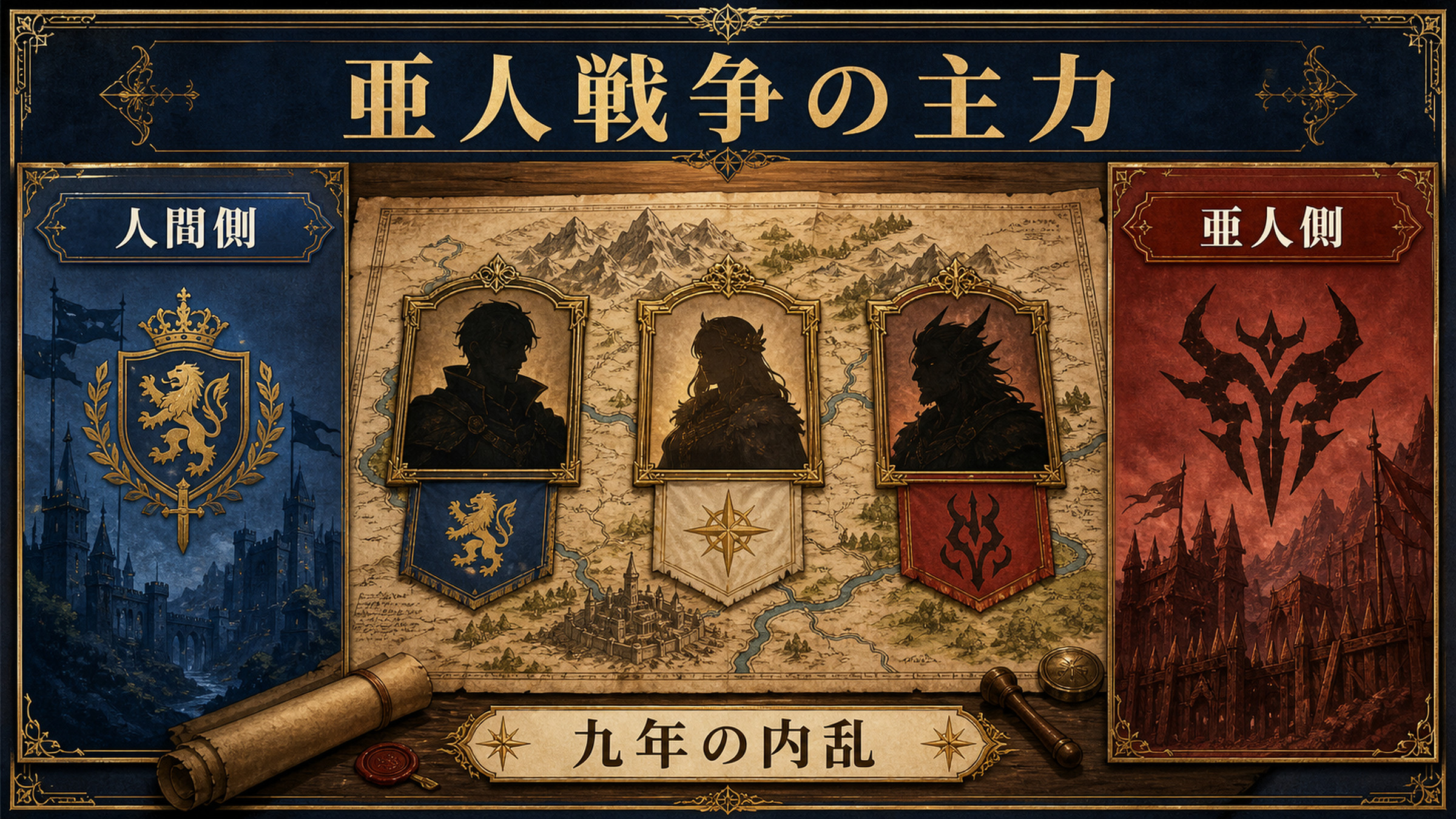 亜人戦争の主力を人間側と亜人側に分け九年の内乱として整理した図解