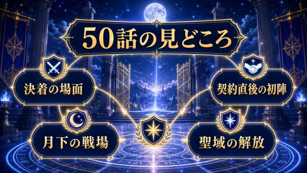 リゼロアニメ50話の見どころを決着の場面・契約直後の初陣・月下の戦場・聖域の解放として整理した図解