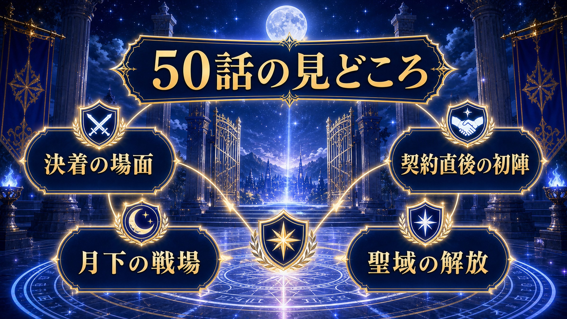リゼロアニメ50話の見どころを決着の場面・契約直後の初陣・月下の戦場・聖域の解放として整理した図解