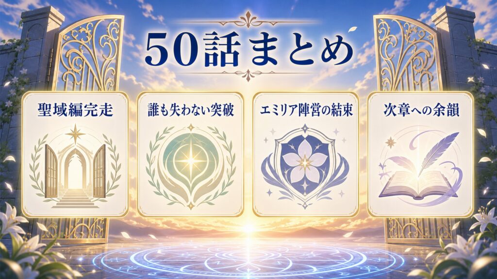 リゼロアニメ50話まとめを聖域編完走・誰も失わない突破・エミリア陣営の結束・次章への余韻として整理した図解