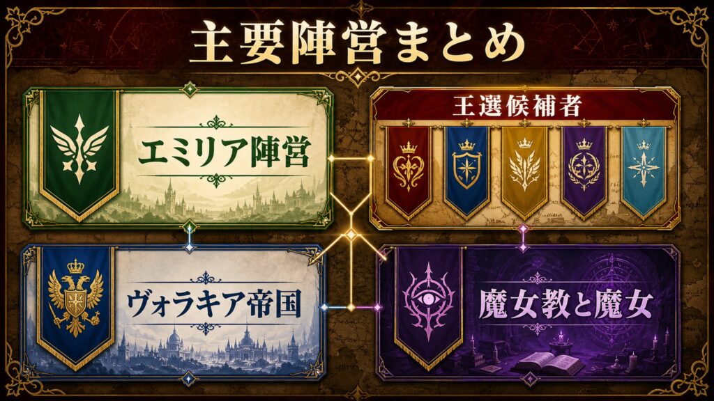 Arc10の主要陣営をエミリア陣営・王選候補者・ヴォラキア帝国・魔女教と魔女として整理した図解