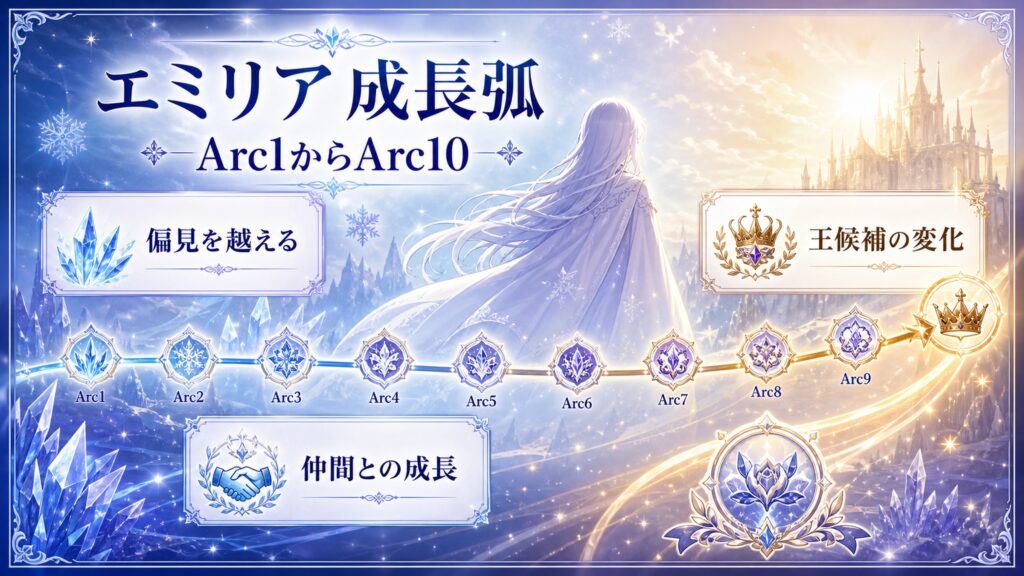 エミリア成長弧をArc1からArc10・偏見を越える・王候補の変化・仲間との成長として整理した図解
