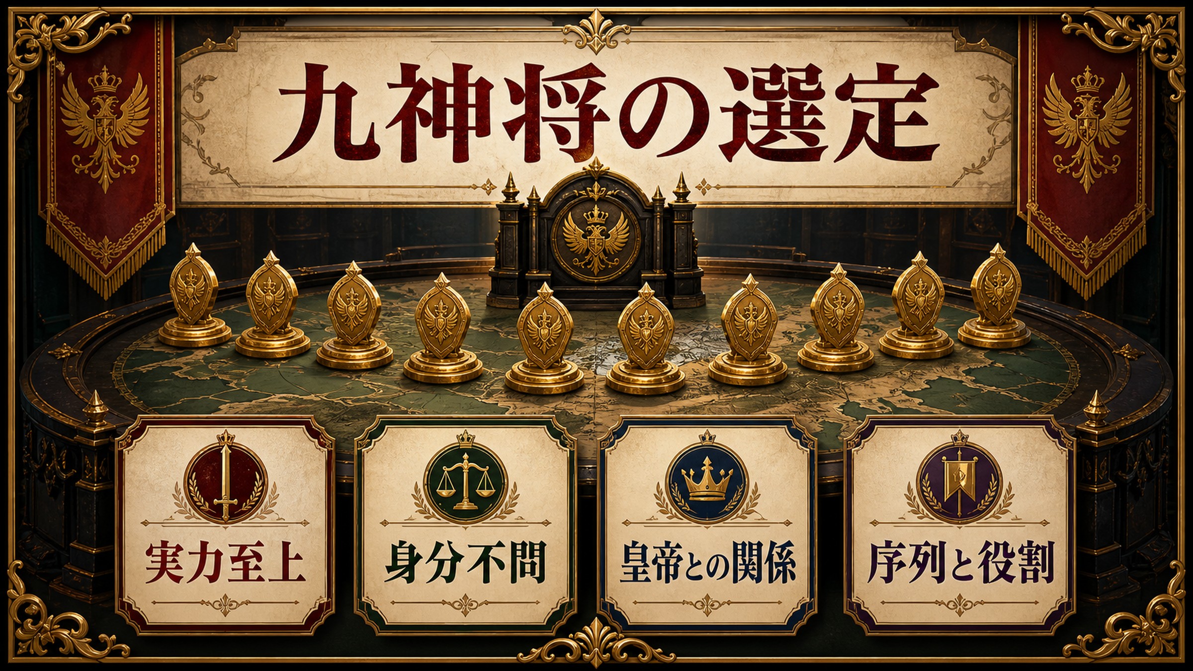 九神将の選定を実力至上・身分不問・皇帝との関係・序列と役割として整理した図解