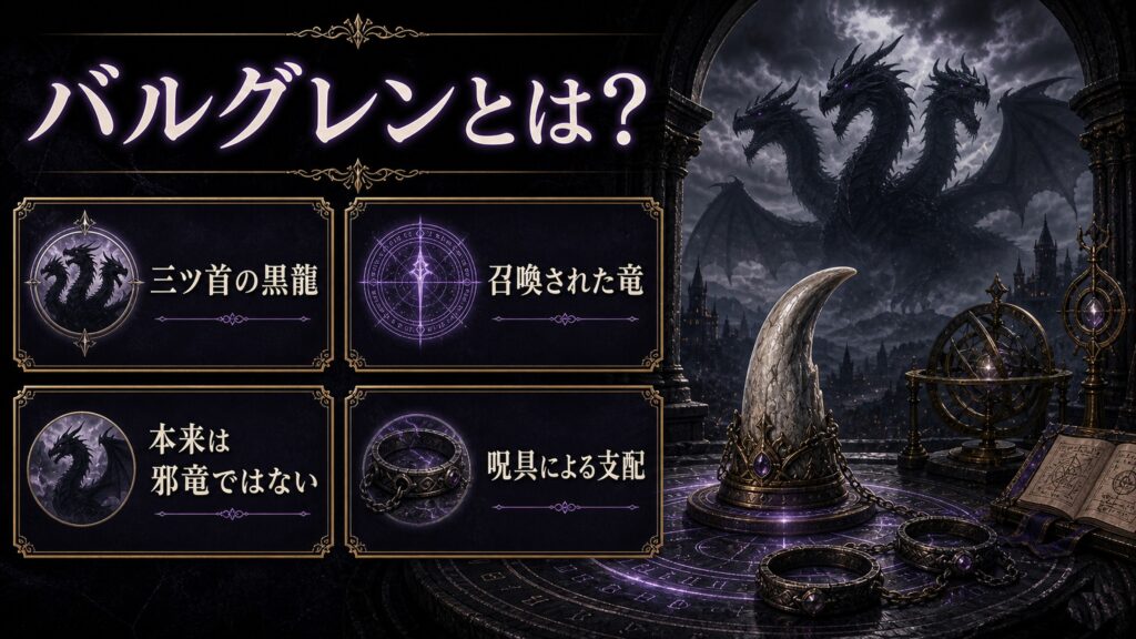 バルグレンの基礎を三ツ首の黒龍・召喚された竜・本来は邪竜ではない存在・呪具による支配として整理した図解