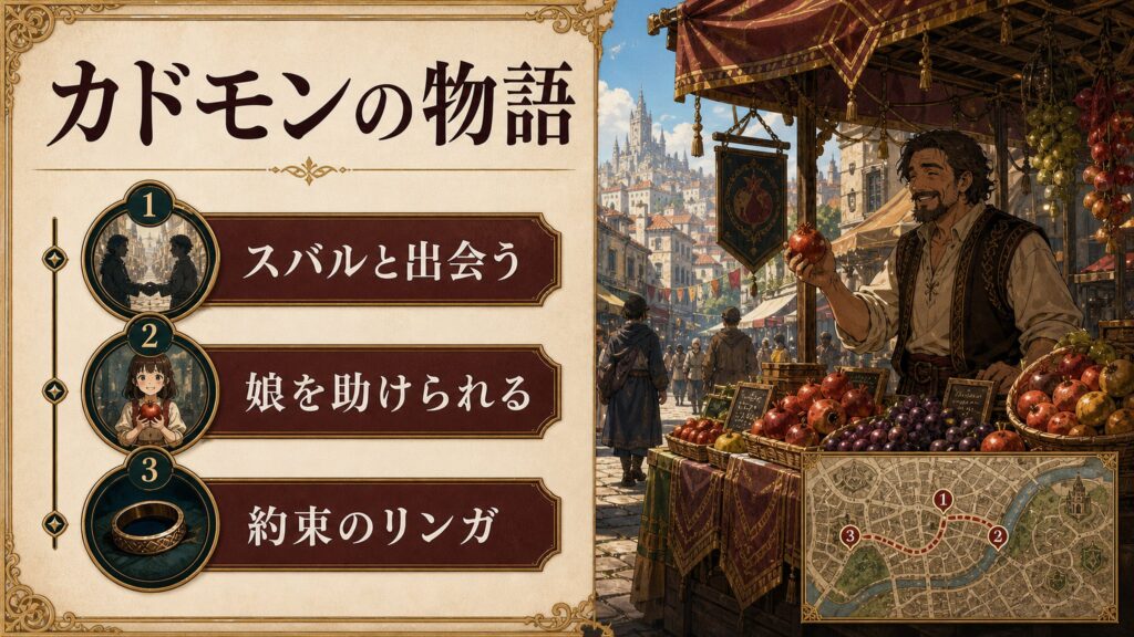 カドモンがスバルと出会い娘を助けられ約束のリンガを渡す流れを整理した図解