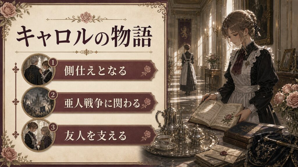 キャロルが側仕えとなり亜人戦争に関わり友人を支える流れを整理した図解