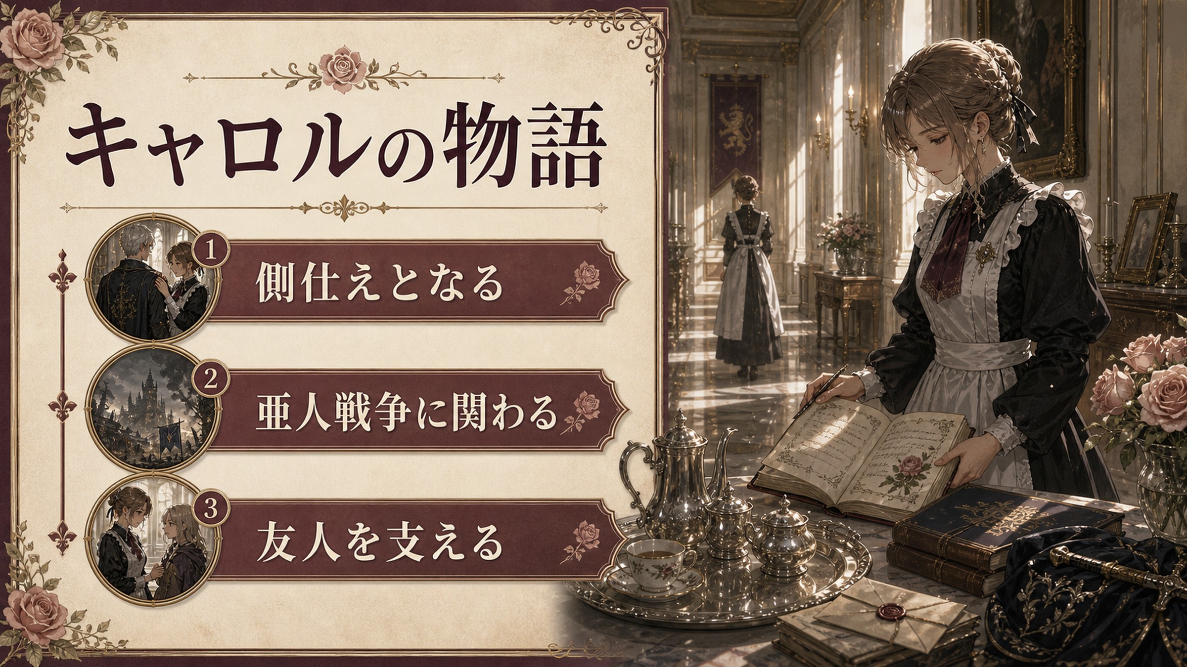 キャロルが側仕えとなり亜人戦争に関わり友人を支える流れを整理した図解