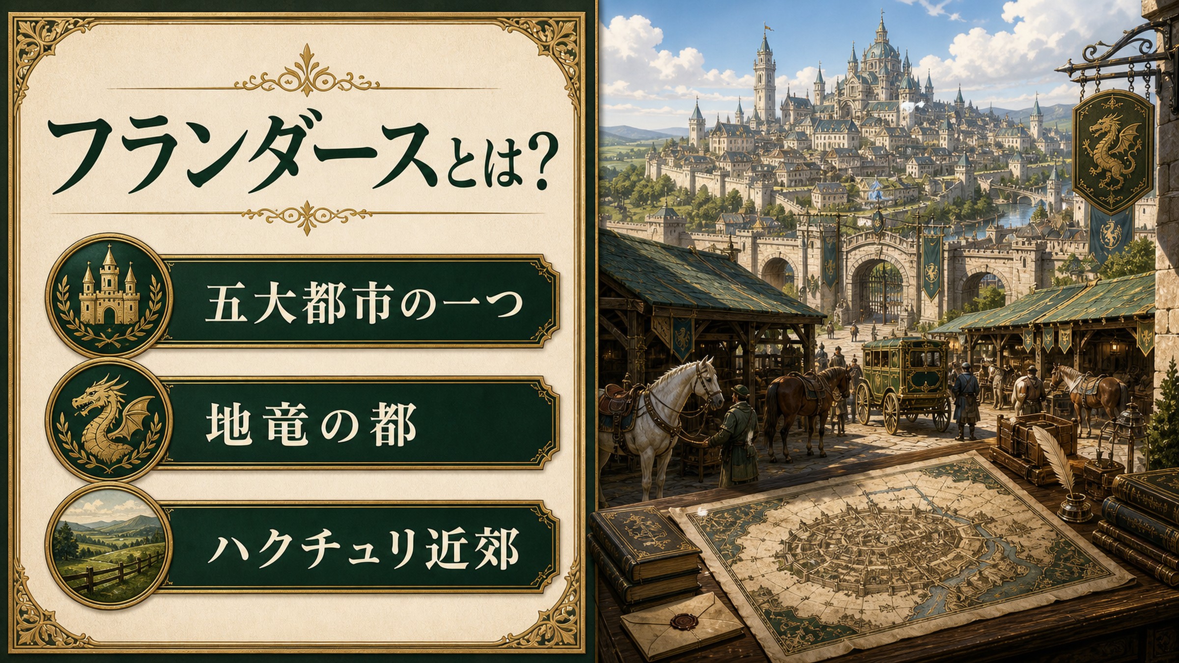 フランダースが五大都市の一つで地竜の都でありハクチュリ近郊にあることを整理した図解