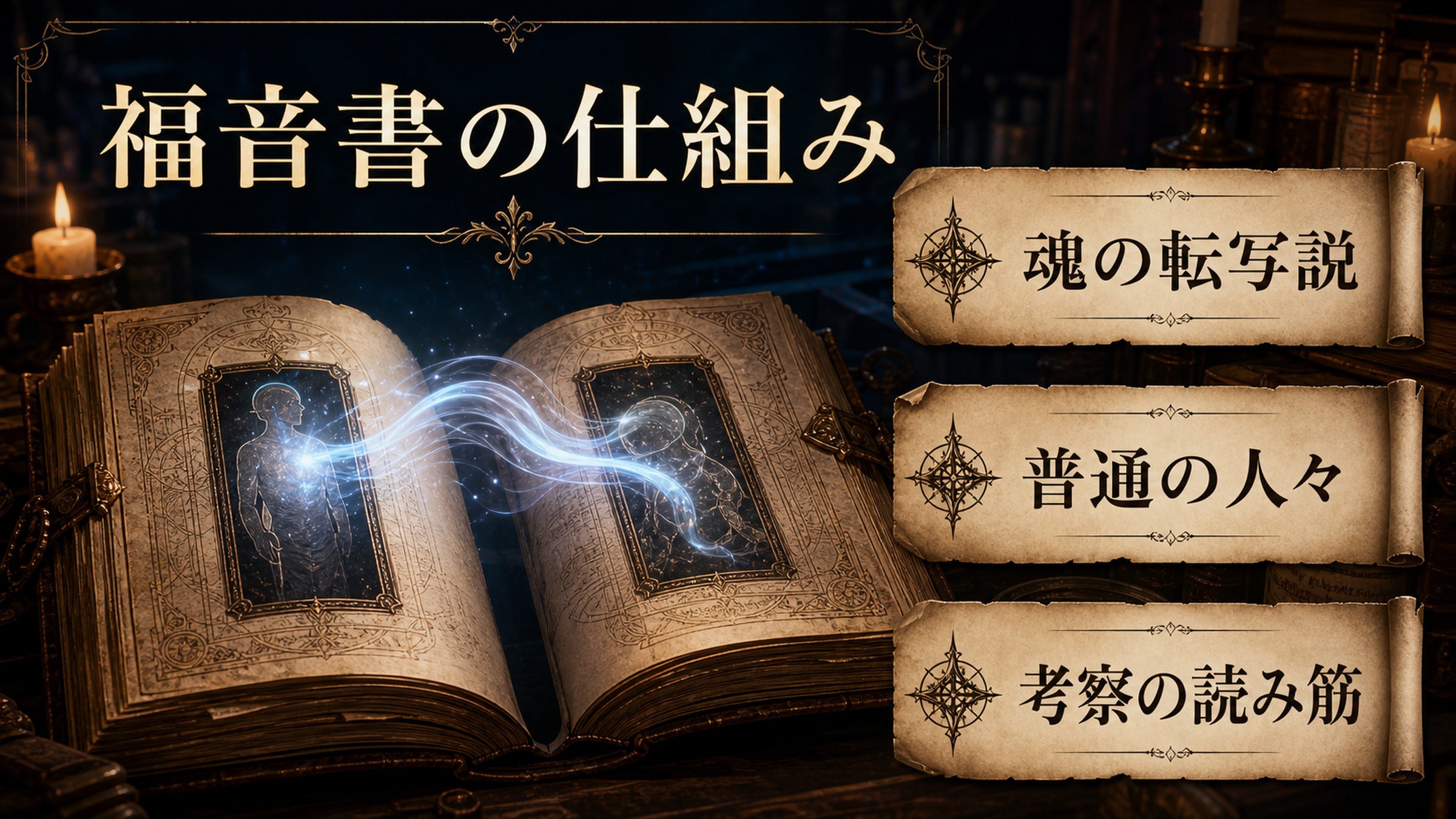 福音書の仕組みを魂の転写説・普通の人々・考察の読み筋として整理した図解