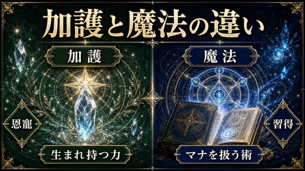 加護と魔法の違いを生まれ持つ力、マナを扱う術、恩寵、習得として整理した図解