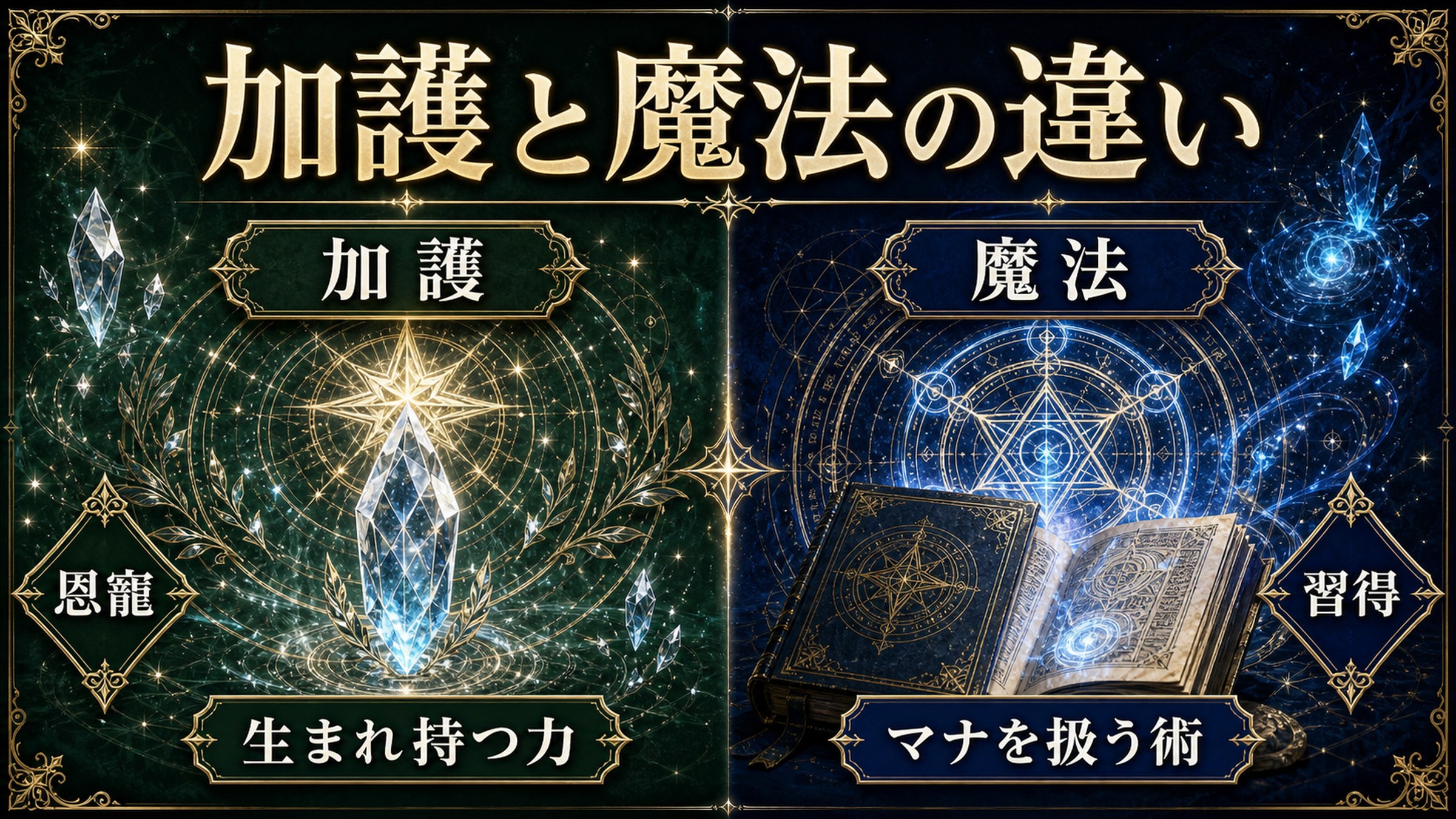 加護と魔法の違いを生まれ持つ力、マナを扱う術、恩寵、習得として整理した図解