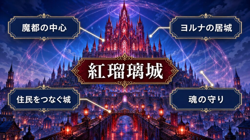 紅瑠璃城を魔都の中心・ヨルナの居城・魂の守り・住民をつなぐ城として整理した図解
